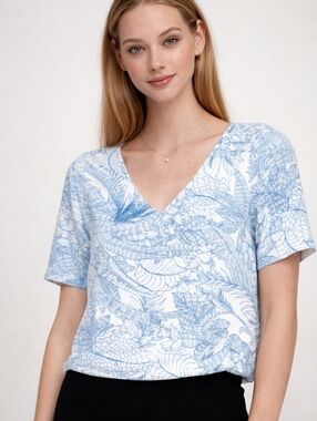 Babaton Blue & White Botanical Print V-Neck Blouse Size XS